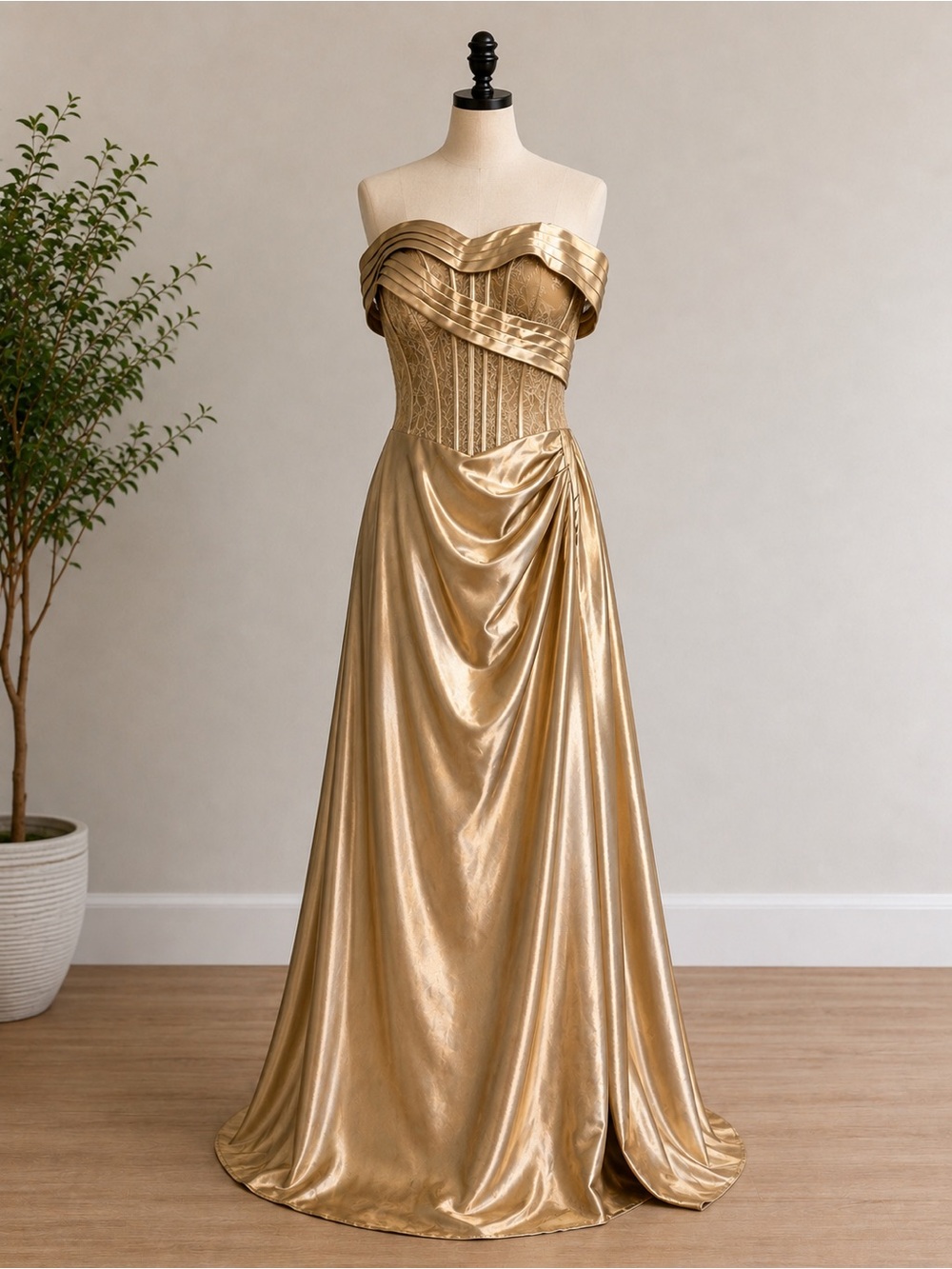 VIPGIRL Gold Satin Corset Lace Formal Maxi Dress Size 4